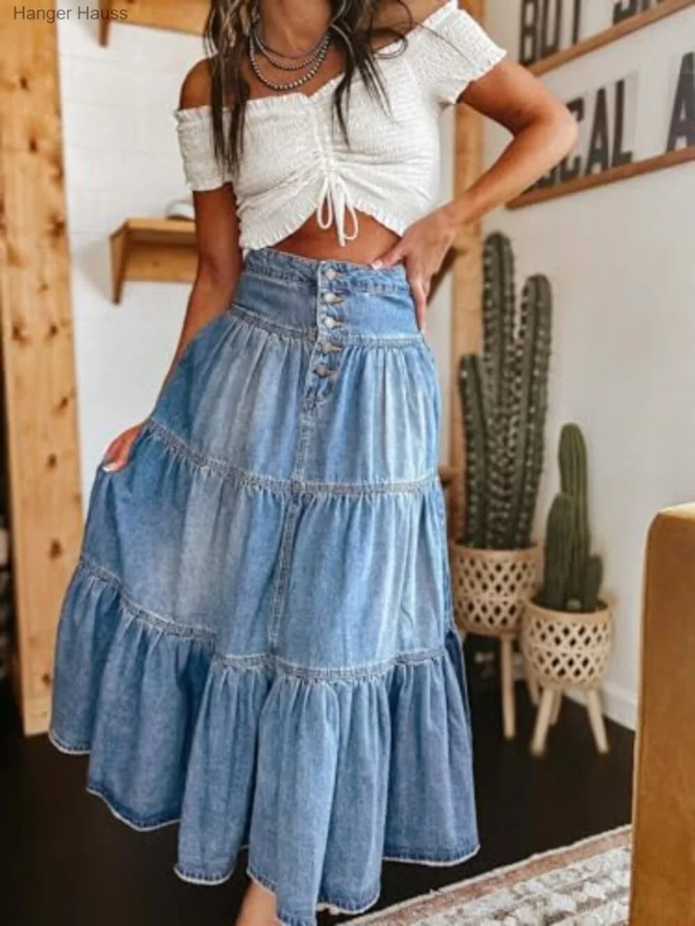 High Waist Long Denim Tiered Ruffle Swing A-Line Maxi Skirt with Pockets - Picture 2 of 7